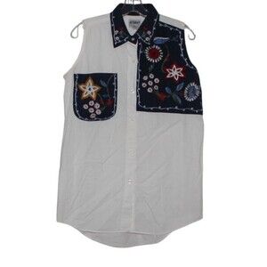 AtLast Basics Blouse Button Down Sleeveless Shirt Embroidered Floral White Sz M